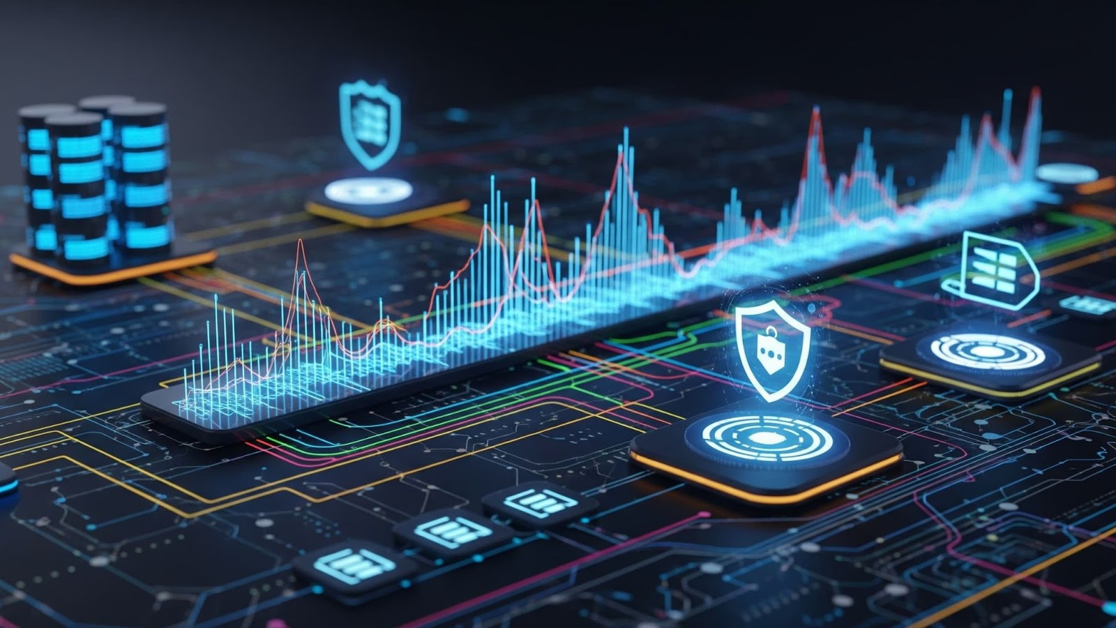 A sleek, high-tech cybersecurity network with glowing data streams, highlighting secure managed services.