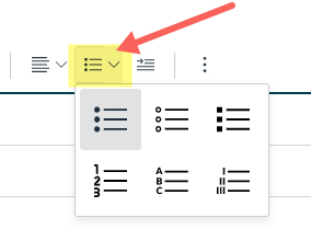 Lists menu open with dropdown showing choice of bullets, numbers, letters, and Roman numerals