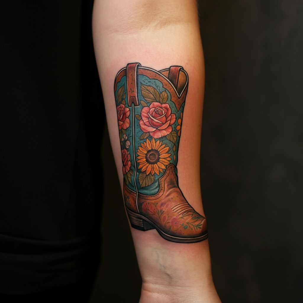 Floral Cowboy Boot Tattoo