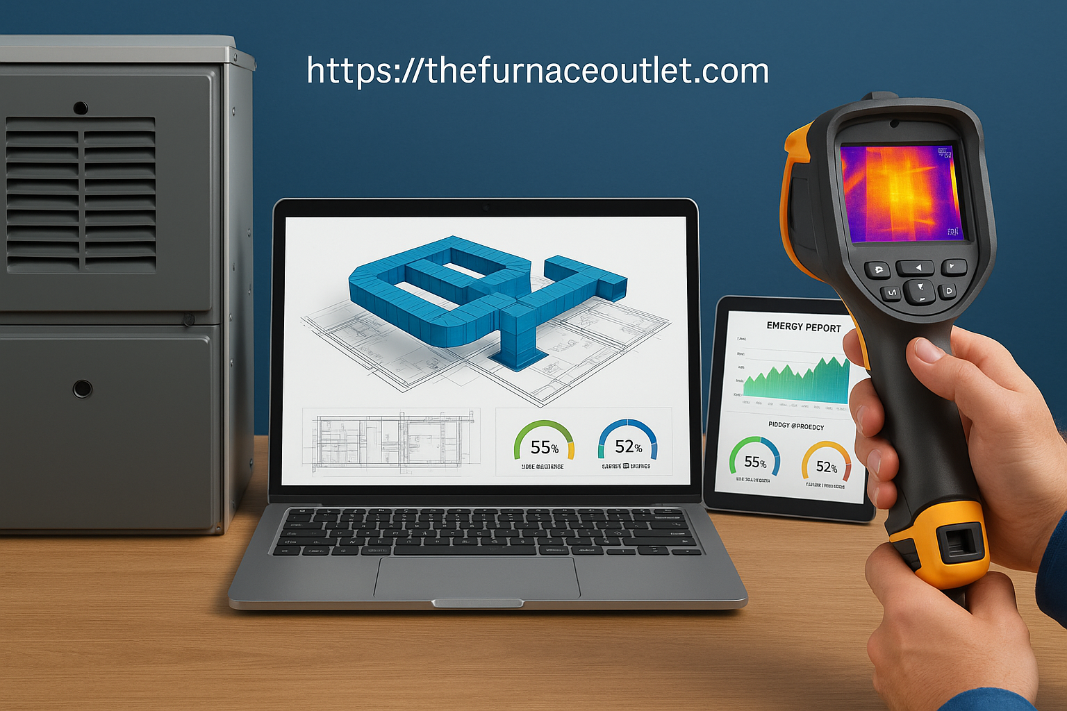 A branded image for The Furnace Outlet featuring a vertical furnace unit, a laptop displaying a 3D ductwork model, a tablet showing an energy report, and a technician using a thermal imaging camera—all set on a wood surface with a clean blue backdrop—representing precision tools and technology-driven strategies for successful HVAC bidding.