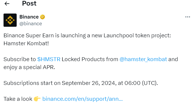 Binance Super Earn Welcomes $HMSTR