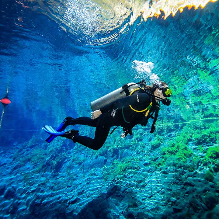 Mergulhador de cilindro explorando as profundezas do oceano, rodeado por um cenário marinho de cores vibrantes e vida submarina.