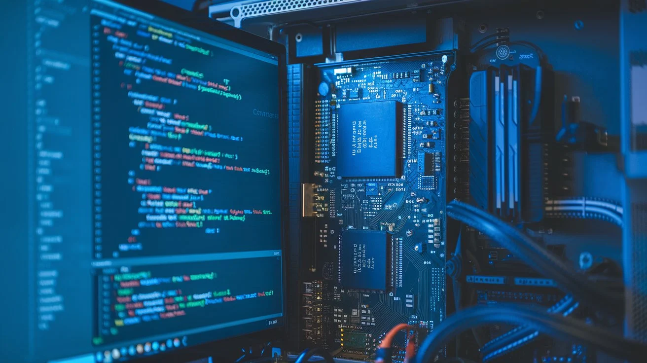 C++ code running on a high-performance system with microchips and processors, showcasing C++’s role in system programming.