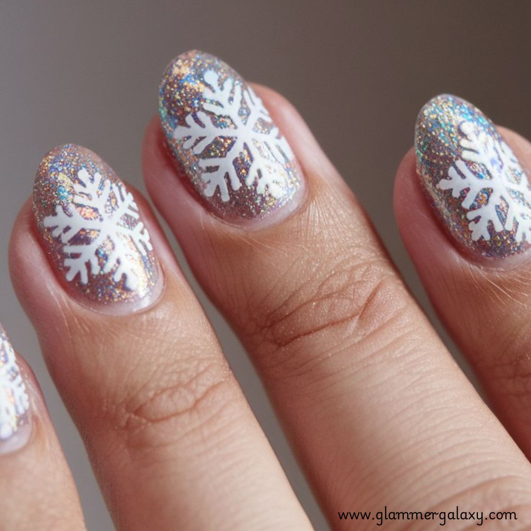 Snowflake Nails having Glitter Nail Art with Snowflakes
