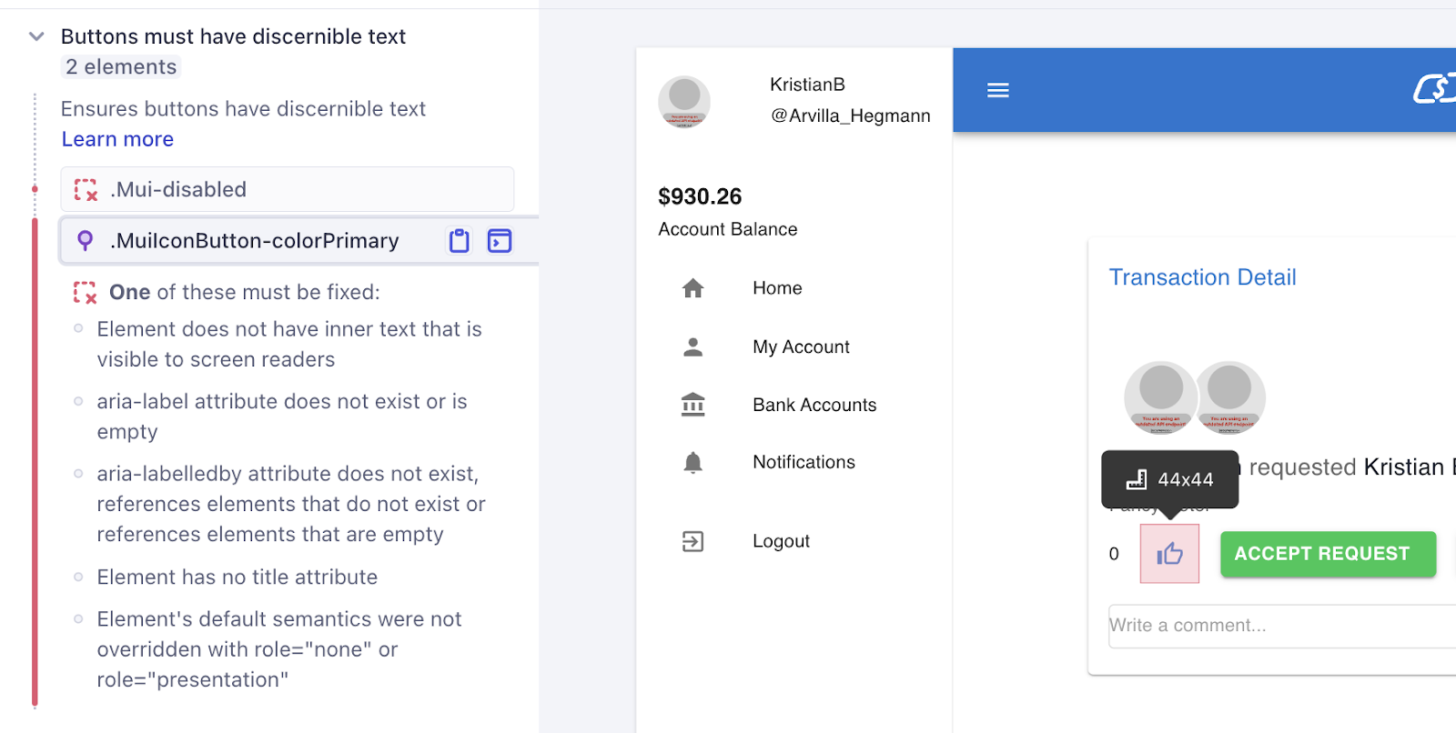 The Cypress Accessibility UI describes the "Buttons myst have discernible text" rule on the left hand side, listing two elements that fail this rule. One element is pinned. In the right hand side, a live DOM example is displayed and a "thumbs up" button is highlighted.