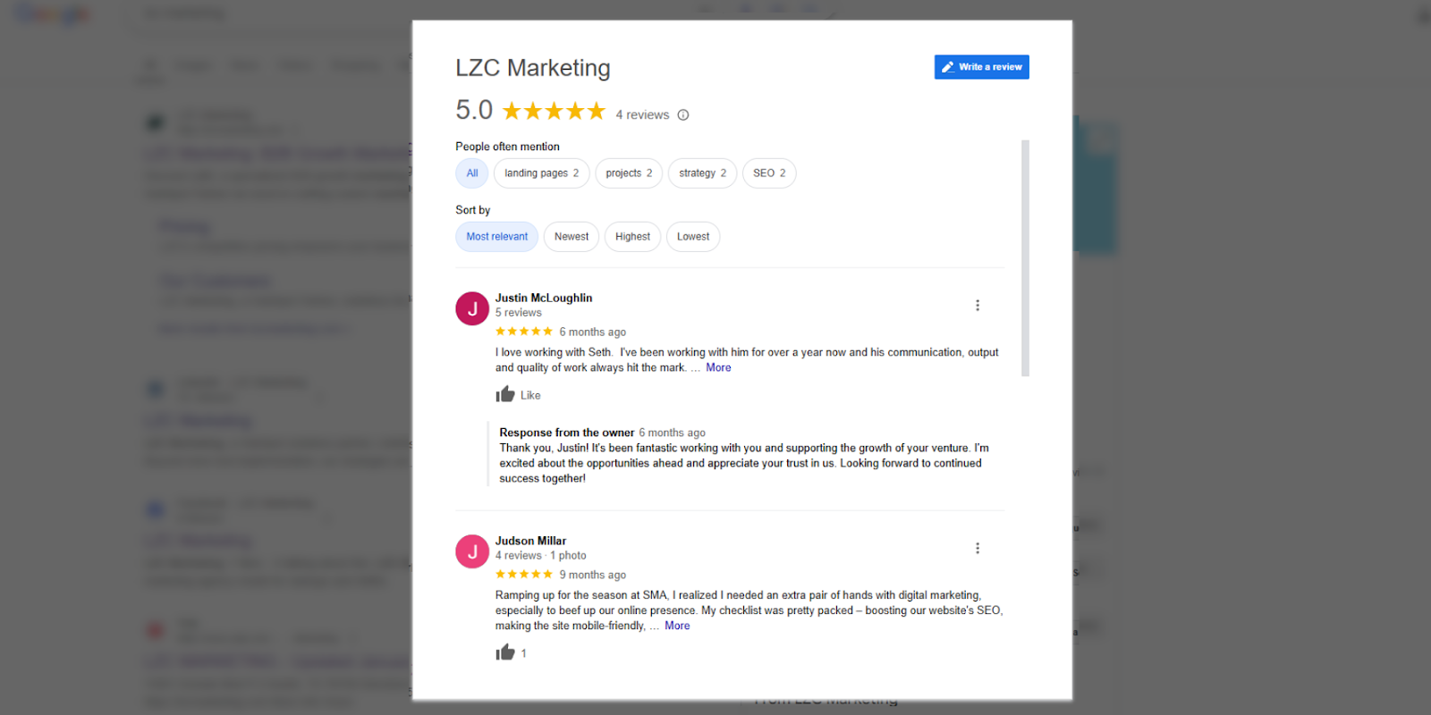 Google Reviews featuring client testimonials for LZC Marketing, emphasizing online reviews as a crucial off-page SEO factor.