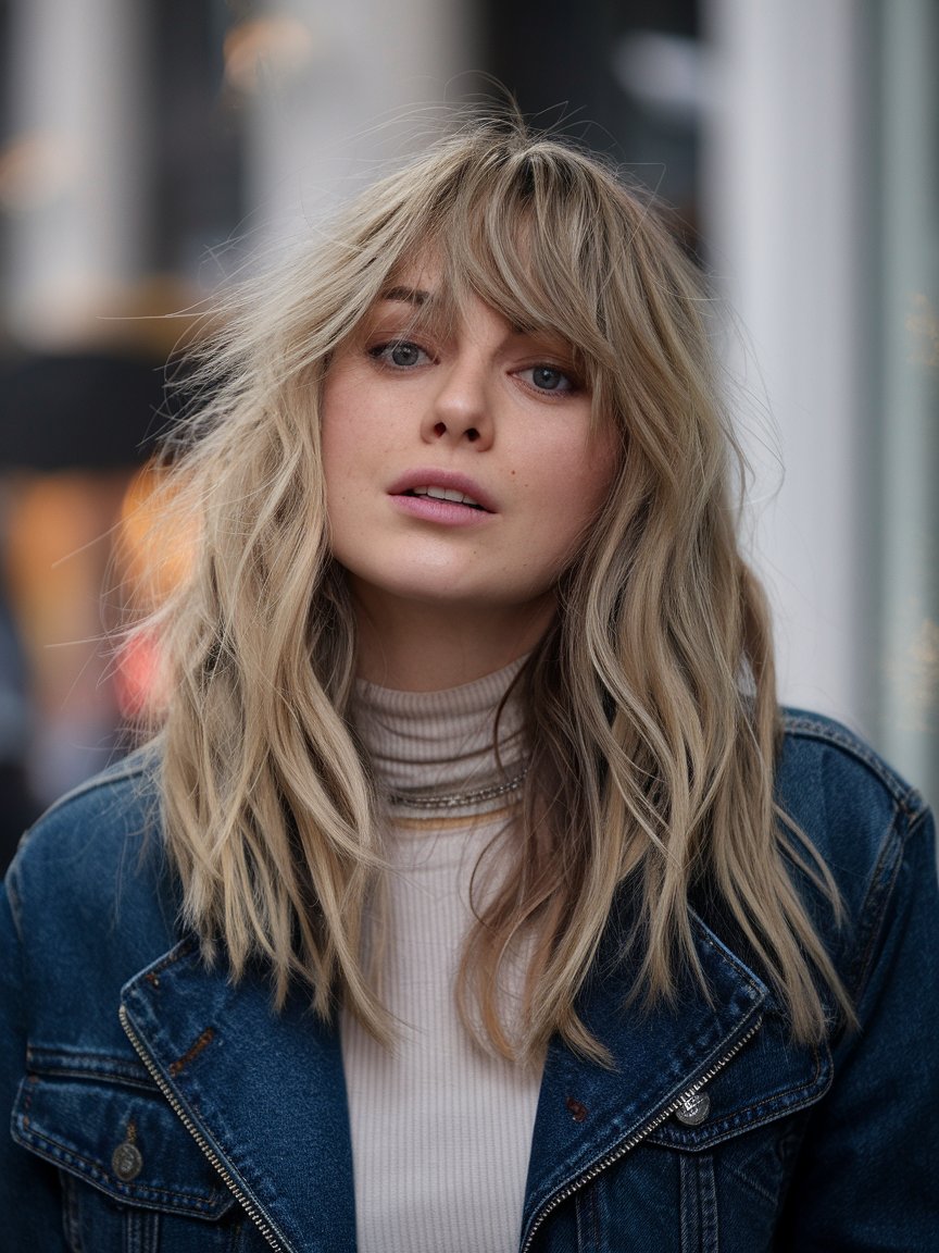 34. Messy & Tousled Waves with Bangs