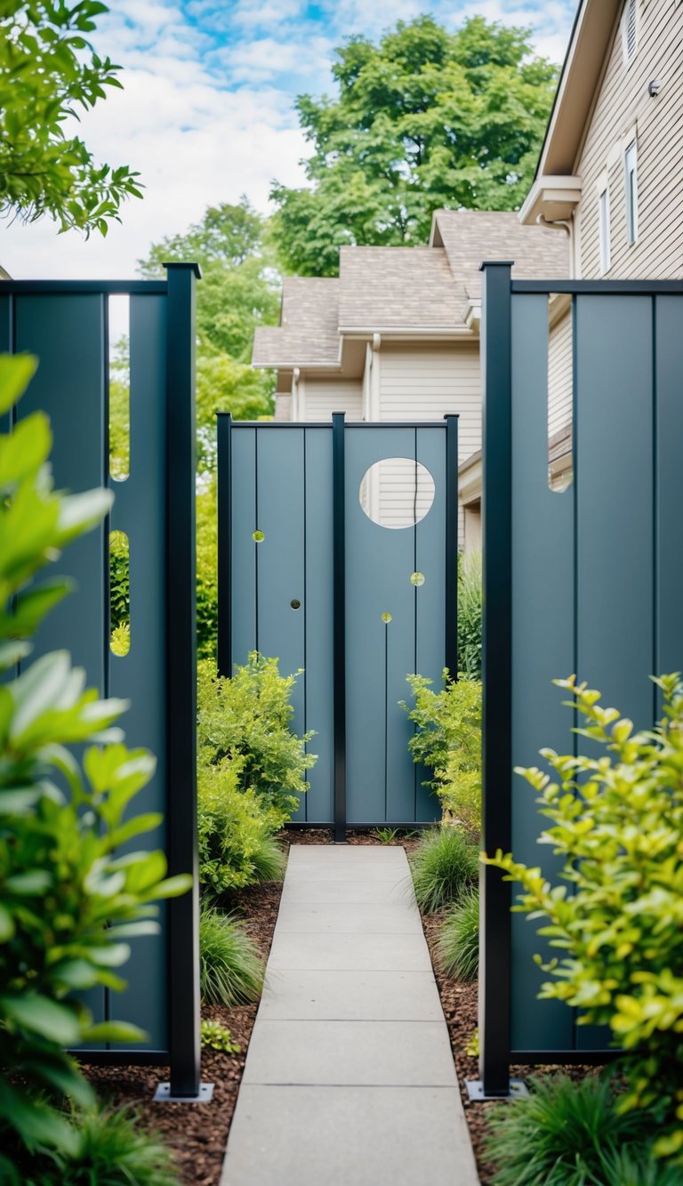 Metal panels with various cutouts form a privacy barrier between two houses, surrounded by lush landscaping and greenery