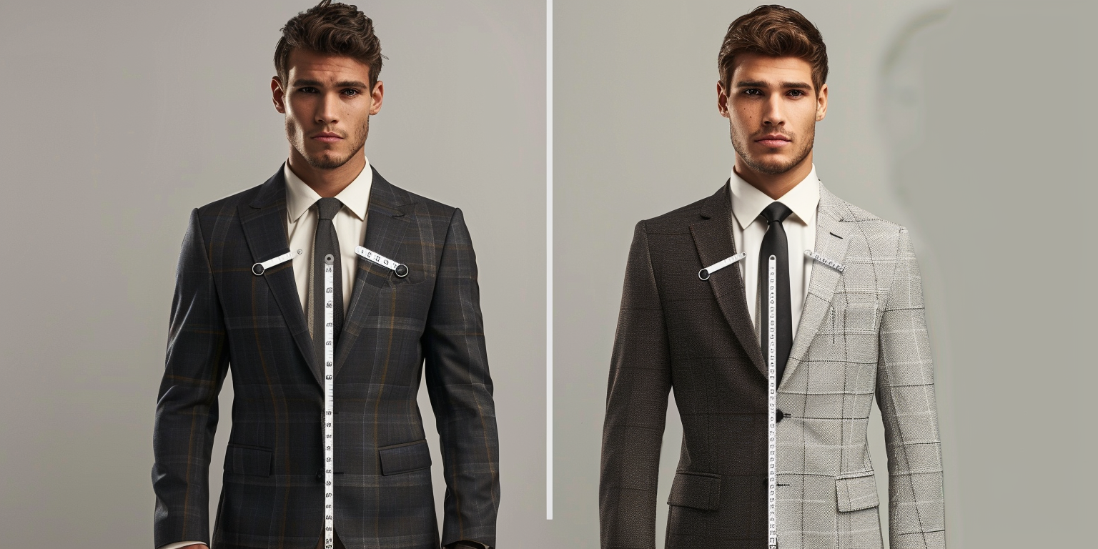 A split-image graphic showing two male models side by side. One model is using a detailed suit size chart with tape measure and size numbers (e.g., 38R, chest, waist, jacket length), and the other is selecting from common suit sizes labeled S, M, L. Neutral background, realistic lighting, focus on tailoring precision vs. general fit