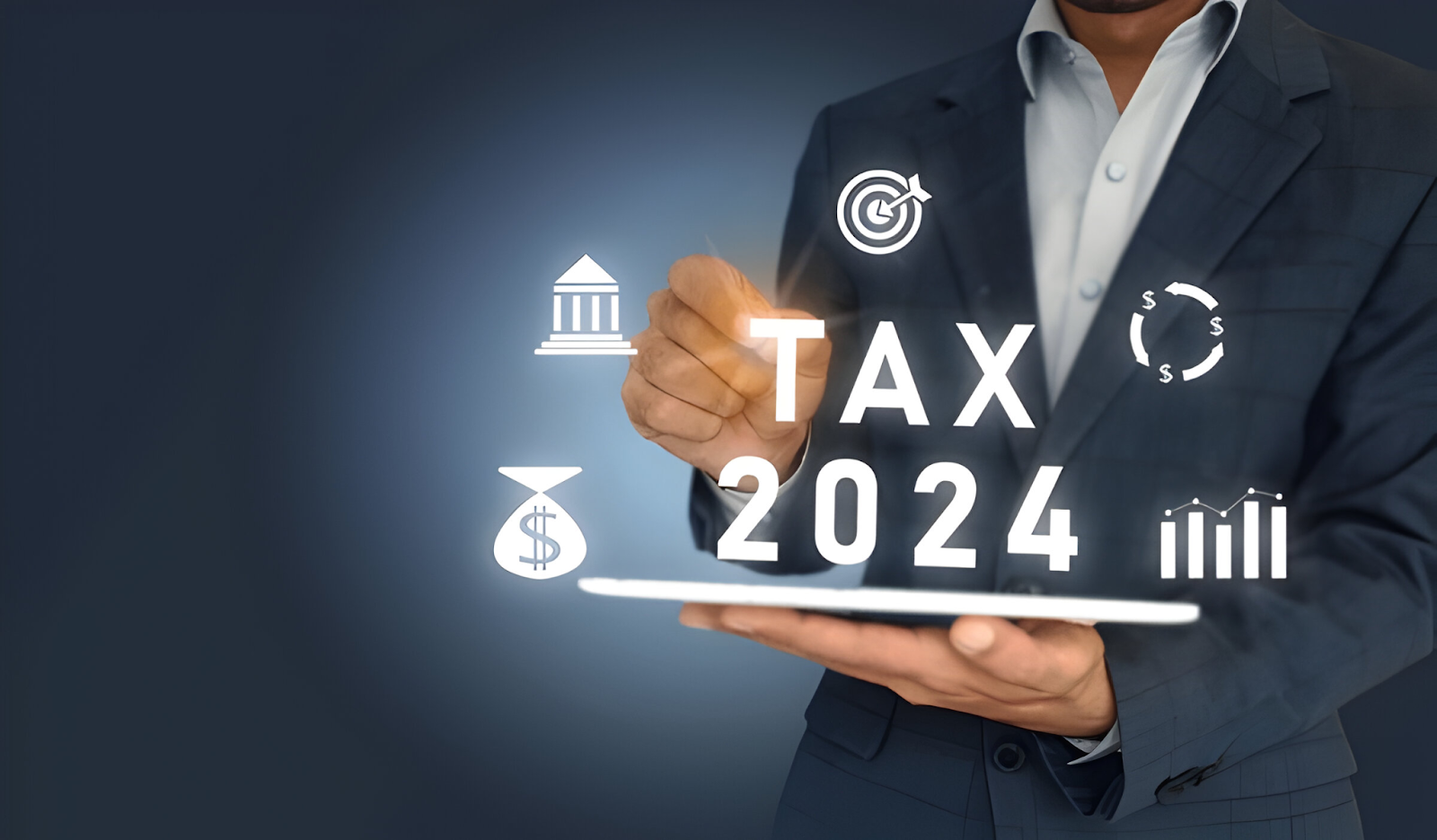 Business professional using a tablet with digital icons representing tax, finance, and international symbols, illustrating how accountants handle international tax issues for 2024.