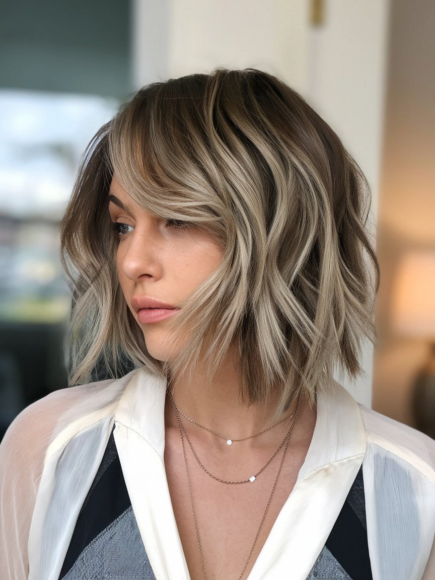 41. Dimensional Wavy Bob with Bangs