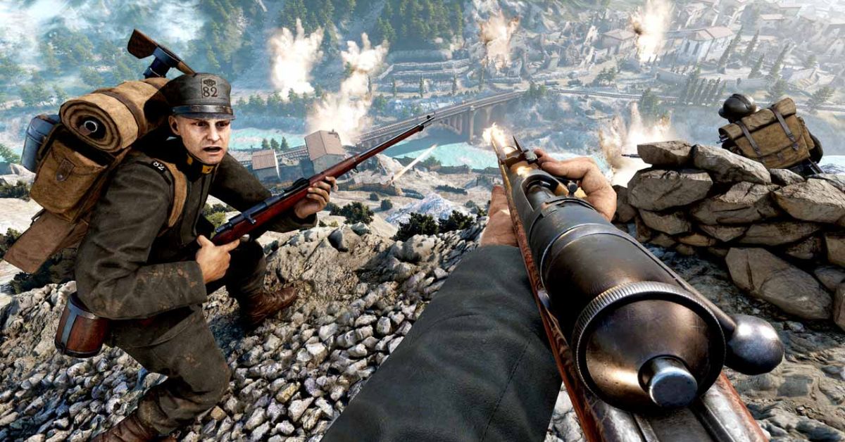 A man with a rifle aims at another man in a trench coat, illustrating a tense moment of a precision attack.