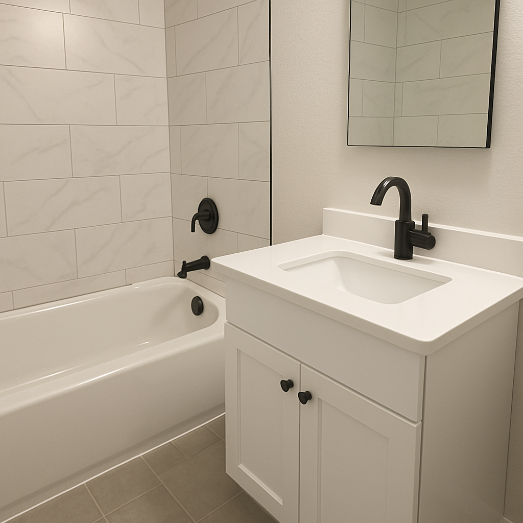 Beautifully refinished bathtub and sink, showcasing modern updates