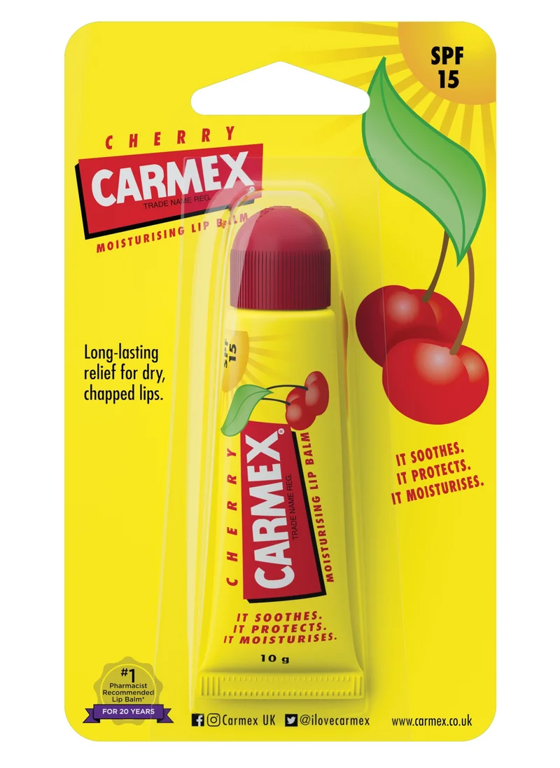 Yellow blister pack of Carmex Cherry Lip Balm with red cap and cherry illustration.