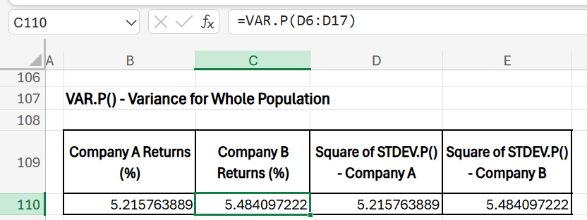 statistical functions in excel - variance