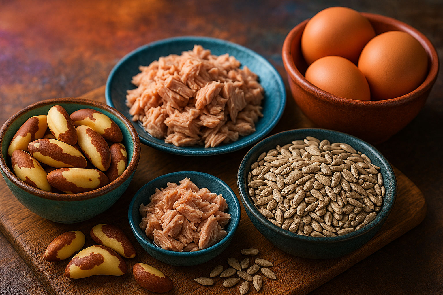 A photorealistic shot capturing a vibrant display of selenium-rich foods, including Brazil nuts, tuna, sunflower seeds, and eggs, arranged in an appetizing and balanced manner, showcasing the natural sources of this essential mineral with colorful lighting and rustic textures evoking feelings of nourishment and well-being, styled with an emphasis on natural health.