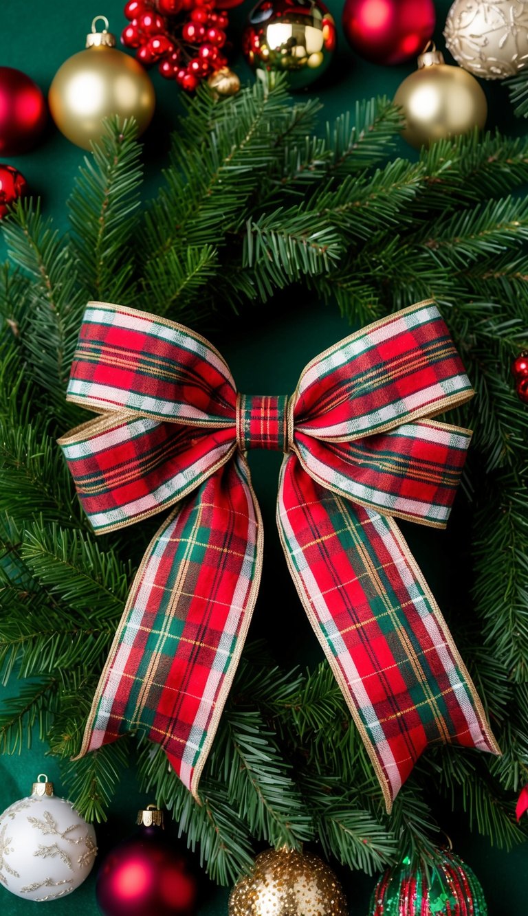 A festive tartan plaid bow adorns a lush green wreath, surrounded by traditional Christmas decorations