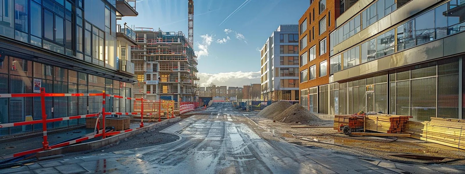 Construction site featuring modern buildings with glass facades, scaffolding, and wooden materials, emphasizing eco-friendly development and sustainable construction practices in Wakefield.