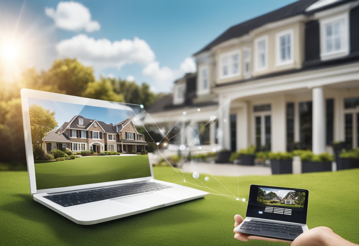 A real estate agent placing links on various websites with a house in the background