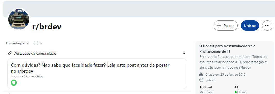 Subreddit: /brdev, para desenvolvedores e profissionais de TI