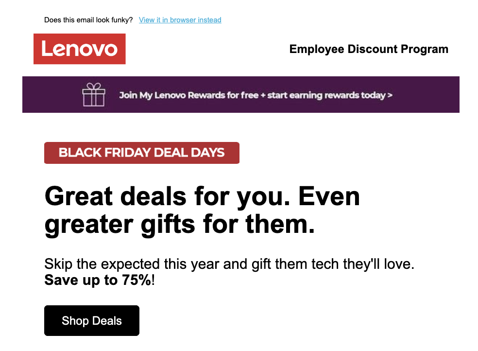 Holiday marketing email from lenovo