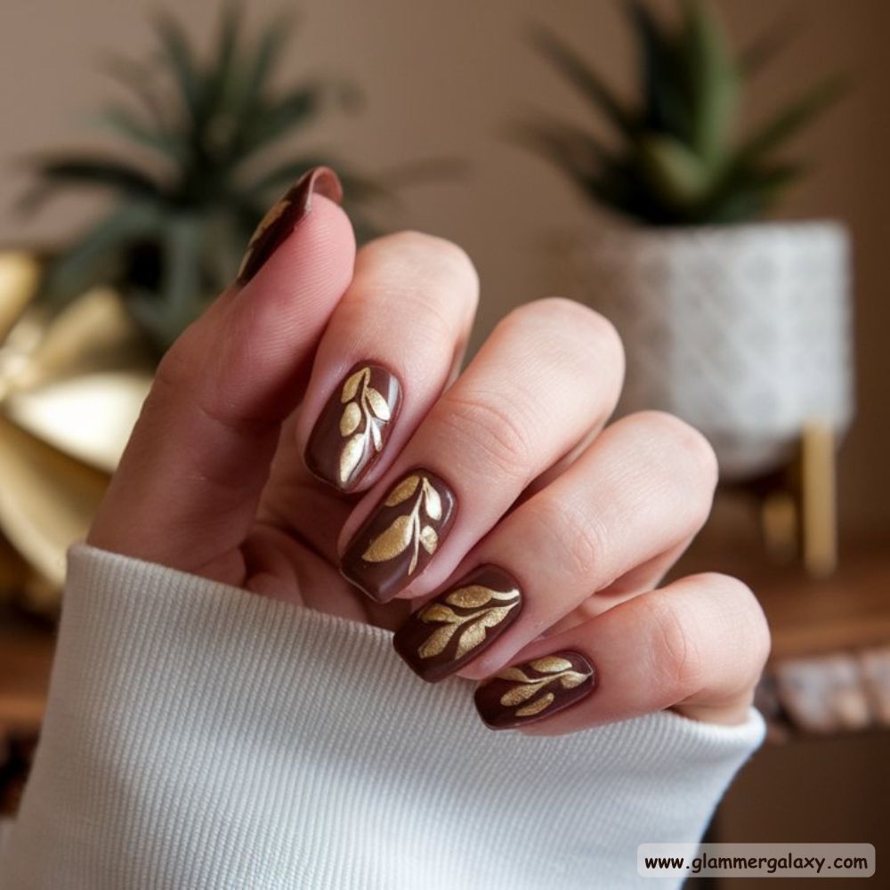 Thanksgiving Nail Designs having Chocolate Brown with Gold Accents
