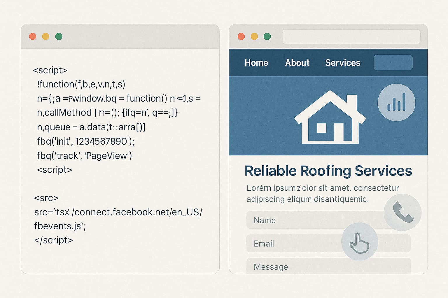 Meta Pixel installation for roofing websites showing tracking code setup for Facebook remarketing campaigns.