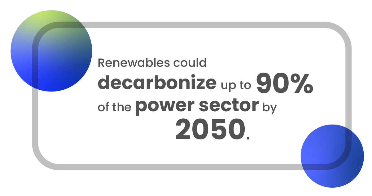 Renewables decarbonizing up to 90% of the power sector by 2050, illustrated with colorful geometric shapes.