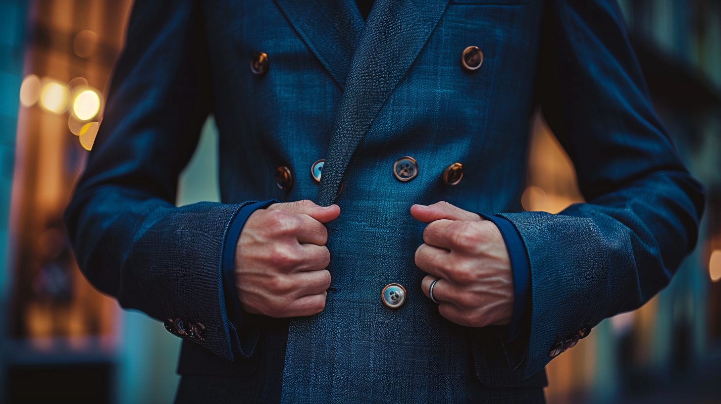 A man wearing a bold double-breasted suit with peak lapels, two rows of buttons, styled for a fashion-forward or formal evening event. Rich lighting, upscale indoor background.
