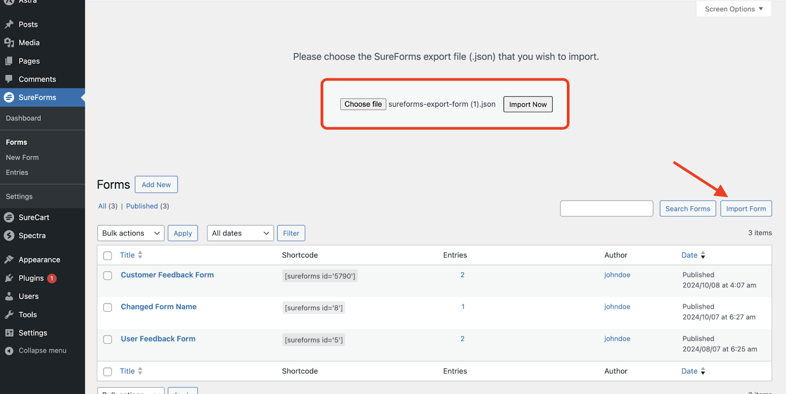 import a new form and upload the JSON form  