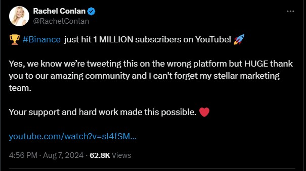 Binance One Million YouTube Subscribers