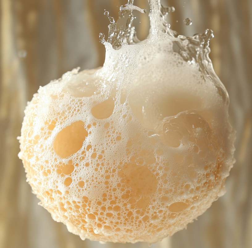 cream loofah covered in creamy body wash