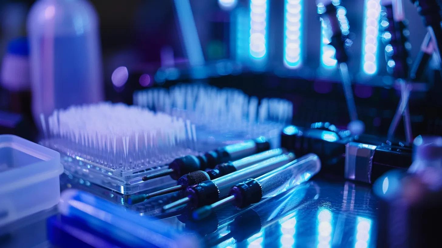 a visually striking close-up of a neatly arranged fiber optic cleaning kit, showcasing essential tools like bulkhead cleaning devices and cotton swabs on a reflective surface, illuminated by soft, diffused lighting to highlight the precision and importance of each tool in maintaining system reliability.