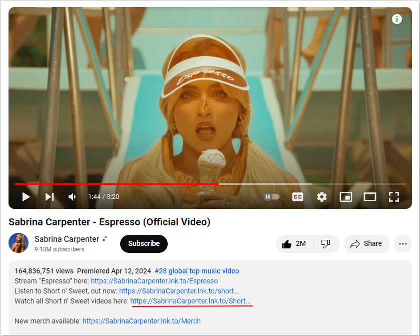 Sabrina Carpenter using short url on YouTube