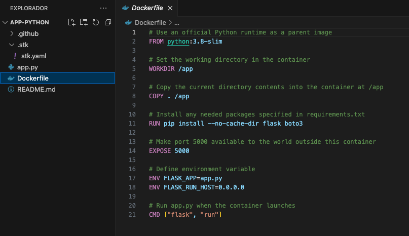 Image from the developer platform article with StackSpot screen with the Dockerfile option selected with the code.