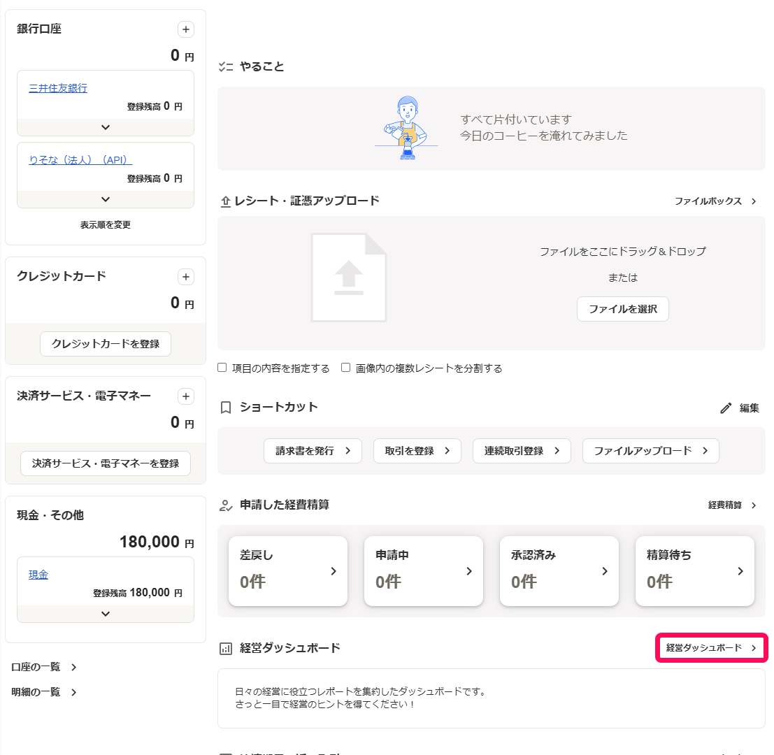 ［経営ダッシュボードへ］ボタンを指し示すスクリーンショット