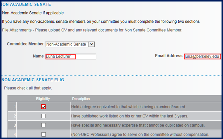 Name, email address, and first checkbox under eligibility for Non Academic Senate member emphasized with red box highlight. 