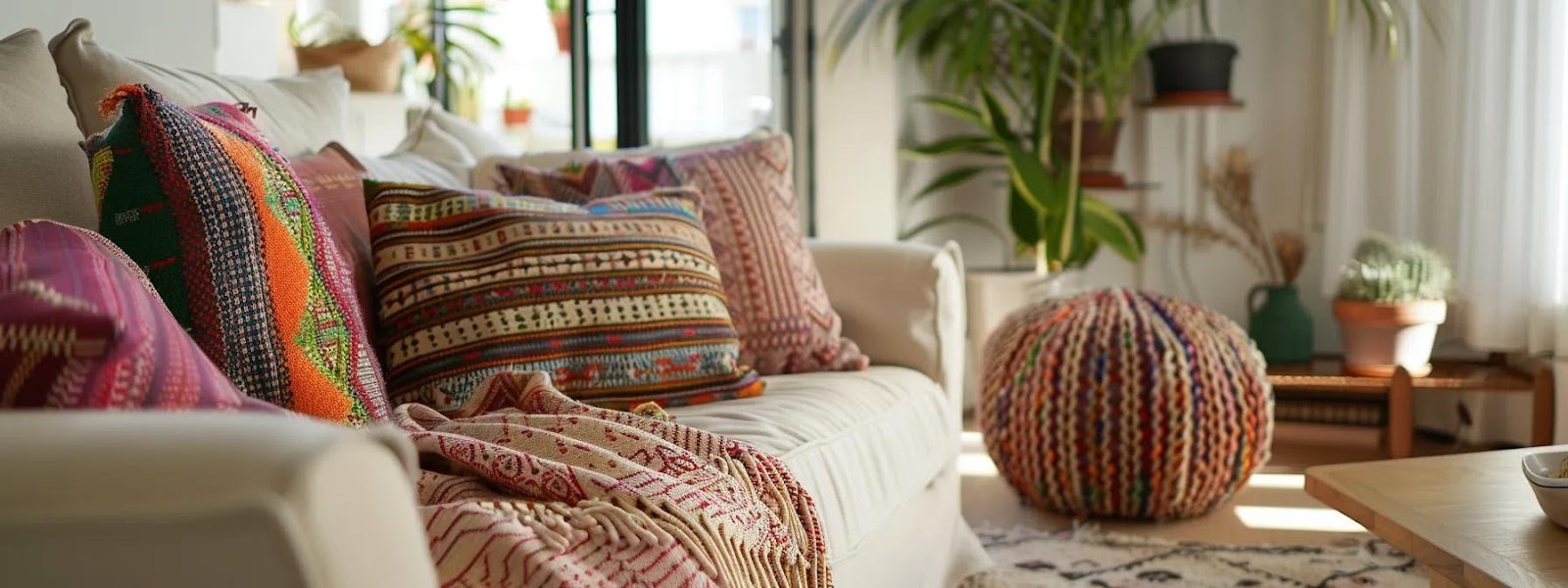 a beautifully styled modern living room features a neutral sofa layered with a vibrant handwoven cotton throw blanket, accented by patterned cushions, creating a striking visual focal point that merges comfort with contemporary elegance.