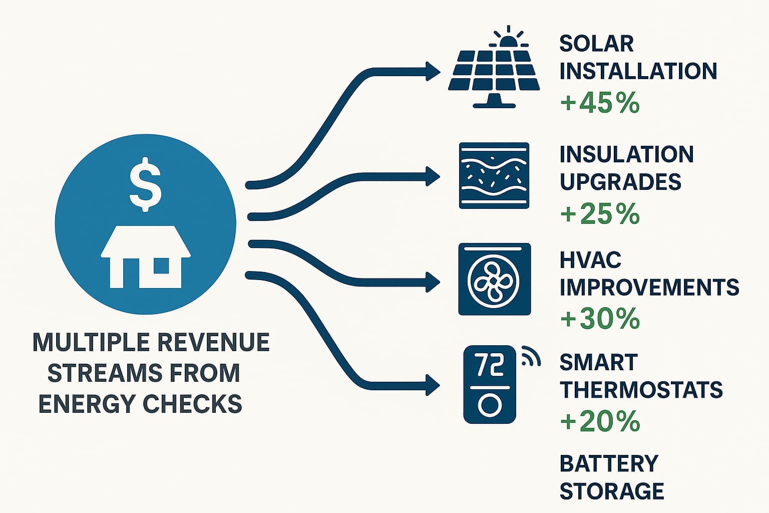 Multiple revenue opportunities from home energy checks including solar installation and efficiency upgrades for growing solar business.