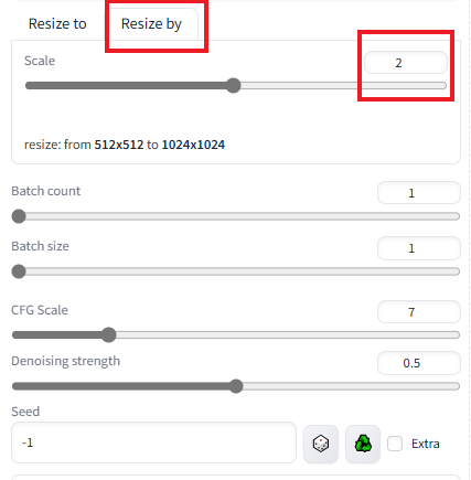 Set Resize by to 2 and Denosing strength to 0.5