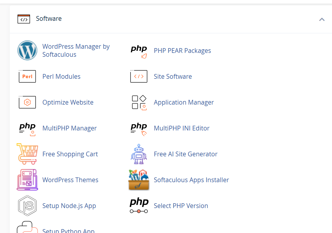a screenshot of software section in cPanel
