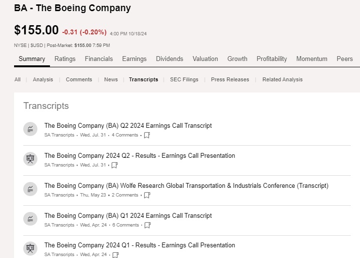 Seeking Alpha BA news overview