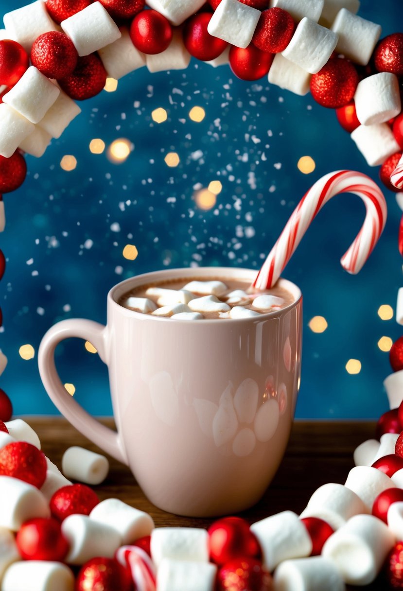 A cozy mug of hot cocoa surrounded by a wreath made of marshmallows and candy canes, with a sprinkle of snowflakes in the background