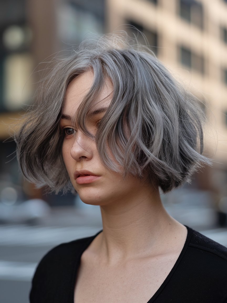 10. Disconnected Wavy Gray Bob