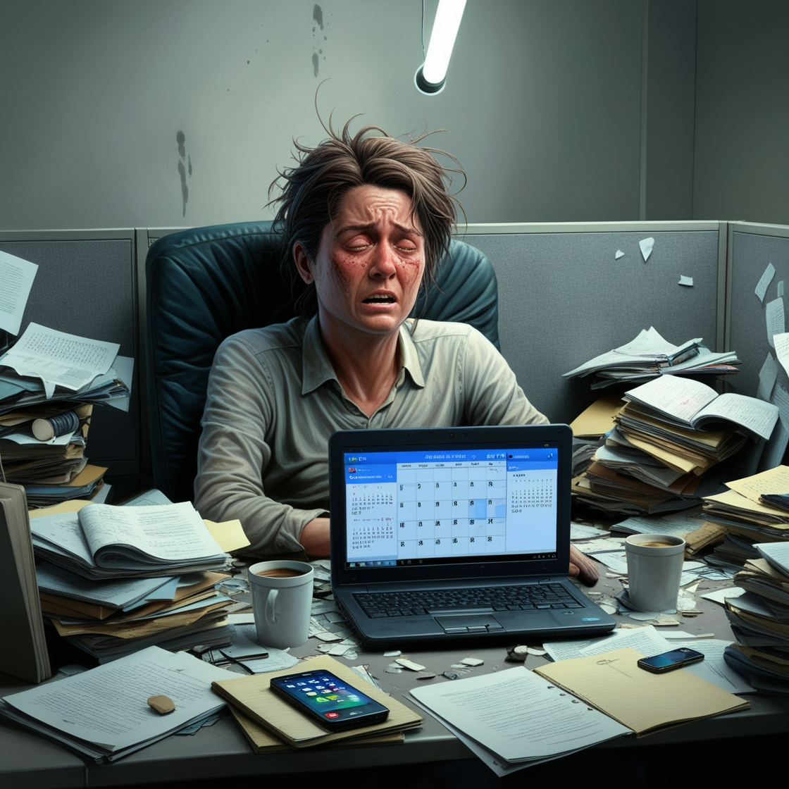 A stressed person surrounded by work documents and a computer, glancing at a calendar with a birthday marked, symbolizing the excuse 'I’ve been so busy lately!' for forgetting to call you on your birthday."