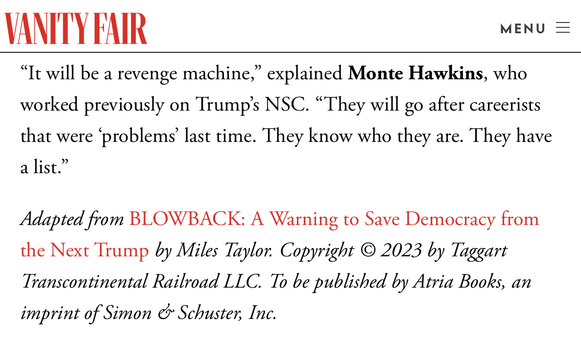 Monte Hawkins made an Anti-Trump quote in Vanity Fair article.