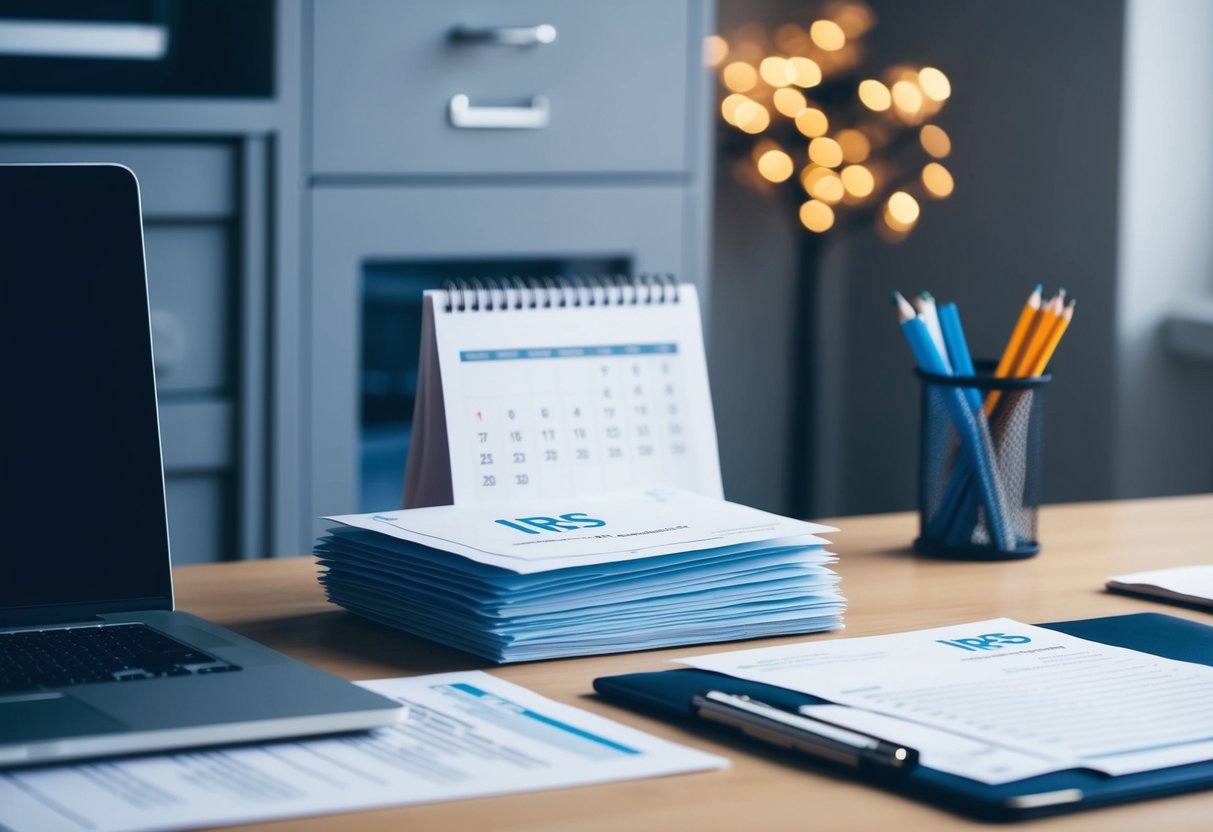 A desk with a laptop, paperwork, and a filing cabinet. A stack of envelopes with "IRS" on them. A calendar with a date circled