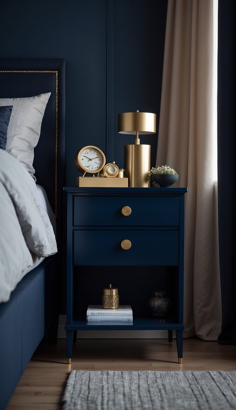 A deep blue nightstand sits in a dark blue bedroom, accented with hints of silver and gold. The room exudes a sense of calm and tranquility, with the nightstand serving as a focal point in the serene space