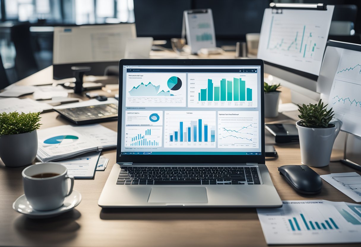 A cluttered desk with charts, graphs, and a laptop showing impressive growth data. A whiteboard with strategic plans and brainstorming notes