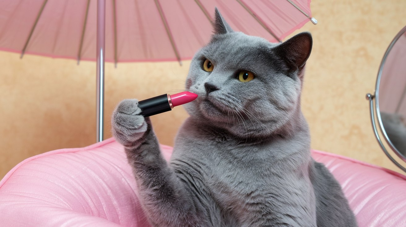 gray cat putting lipstick GIF